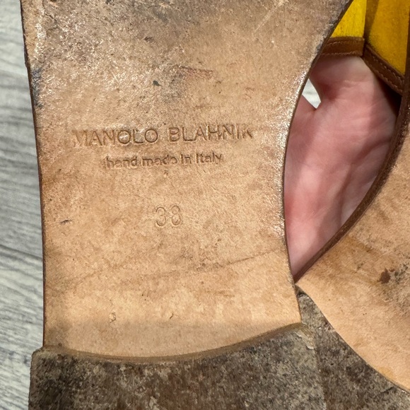 Manolo Blahnik Megacle Orange and Yellow Colorblock Leather Flat Sandals - Picture 8 of 9